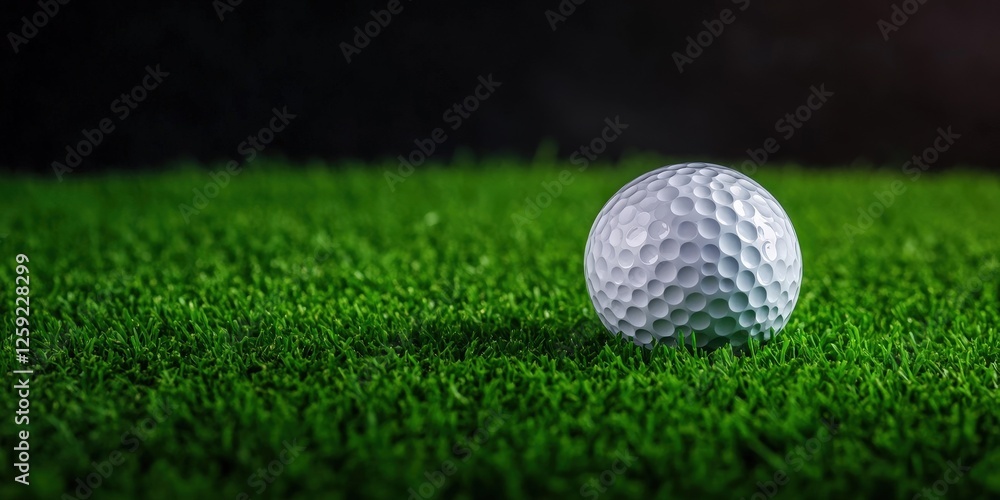 Golf ball resting on lush green turf against dark background close-up image for sports photography Golf ball resting on lush green turf against dark background close-up image for sports photography