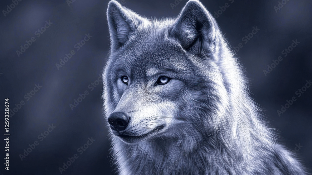 A striking close-up of a silver wolf, its face partially lit by soft ambient light, revealing intricate fur details and piercing eyes A striking close-up of a silver wolf, its face partially lit by soft ambient light, revealing intricate fur details and piercing eyes