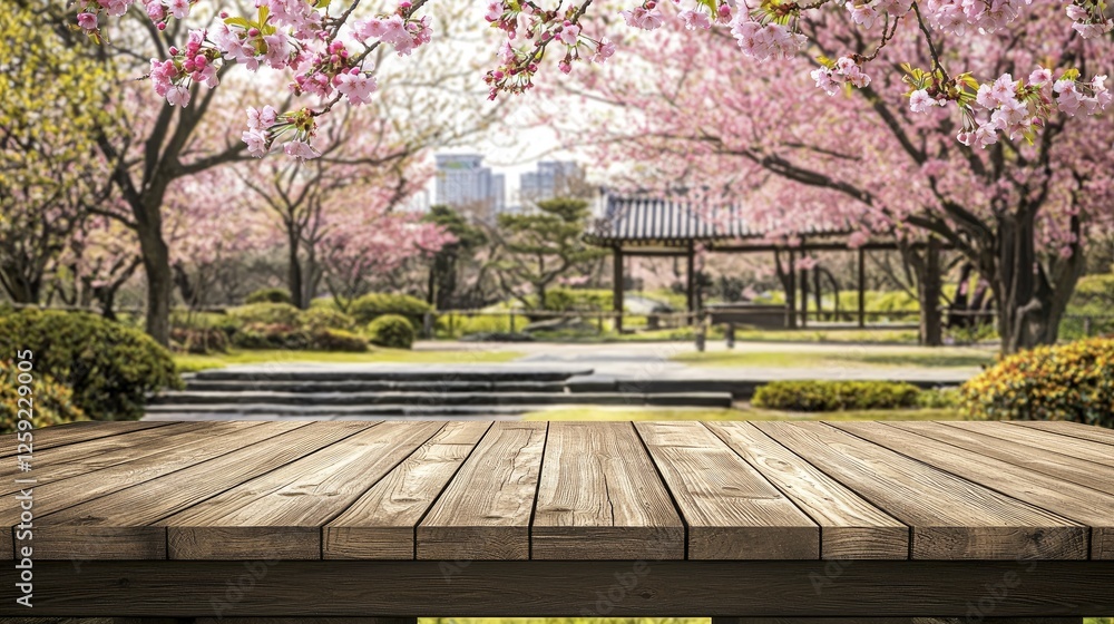 Fototapeta premium Tranquil Spring Garden, Wooden Table View
