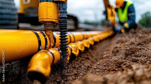 Infrastructure development in action close-up of pipes during construction urban site industrial environment depth perspective photo