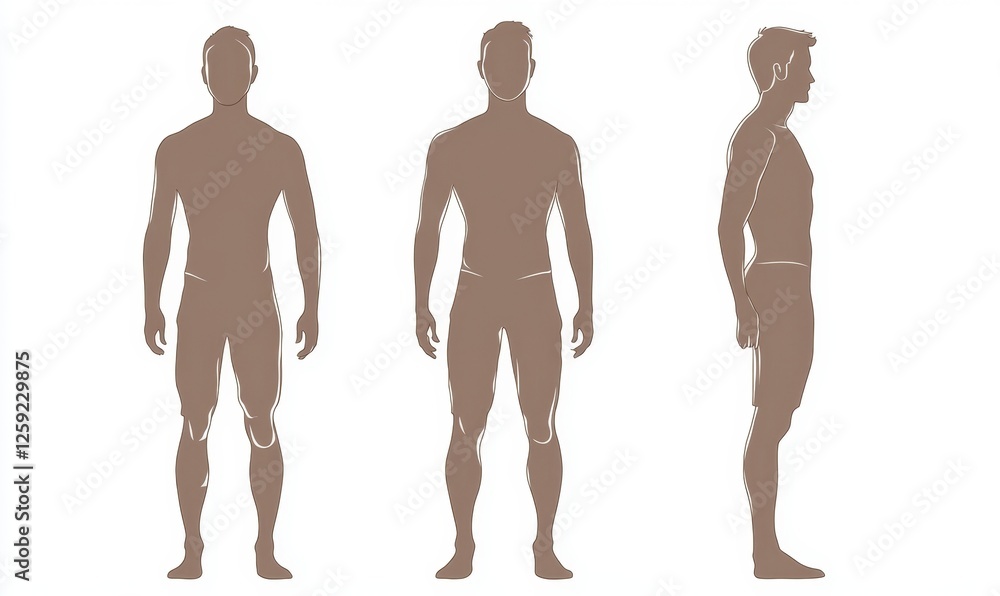 Male fashion figures, three views, studio, blank background Male fashion figures, three views, studio, blank background