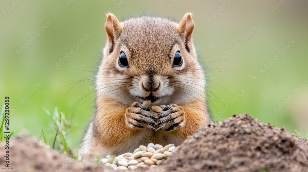 Fototapeta premium Cute squirrel eating seeds, garden, nature