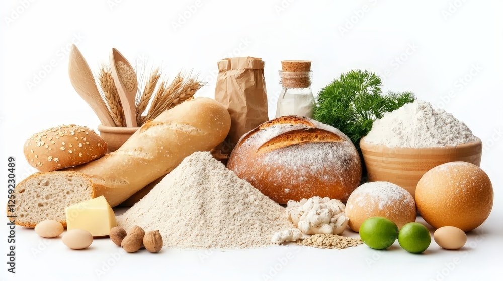 Fototapeta premium healthy An Assortment of Artisan Breads Including Sourdough Whole Grain Baguette Ciabatta and Accompanying Fresh Ingredients on a Rustic Wooden Table food