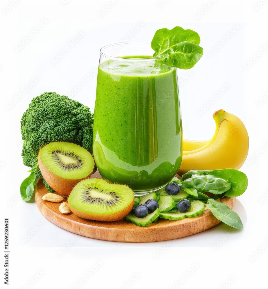 healthy Vibrant Green Smoothie Blended with Fresh Fruits and Leafy Vegetables Showcasing a Healthy Lifestyle Choice in a Bright and Inviting Kitchen Setting food