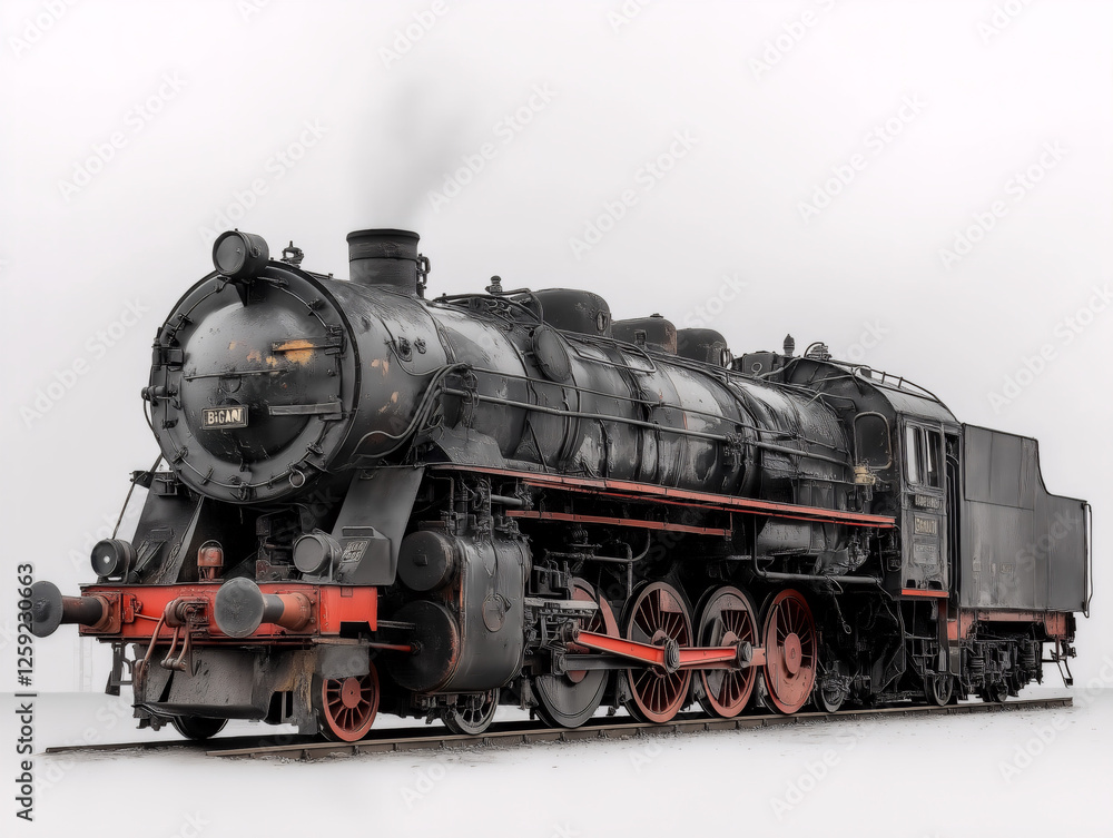 Obraz premium Front and side views of vintage steam locomotives, showcasing detailed metalwork, large headlights, and classic industrial design.