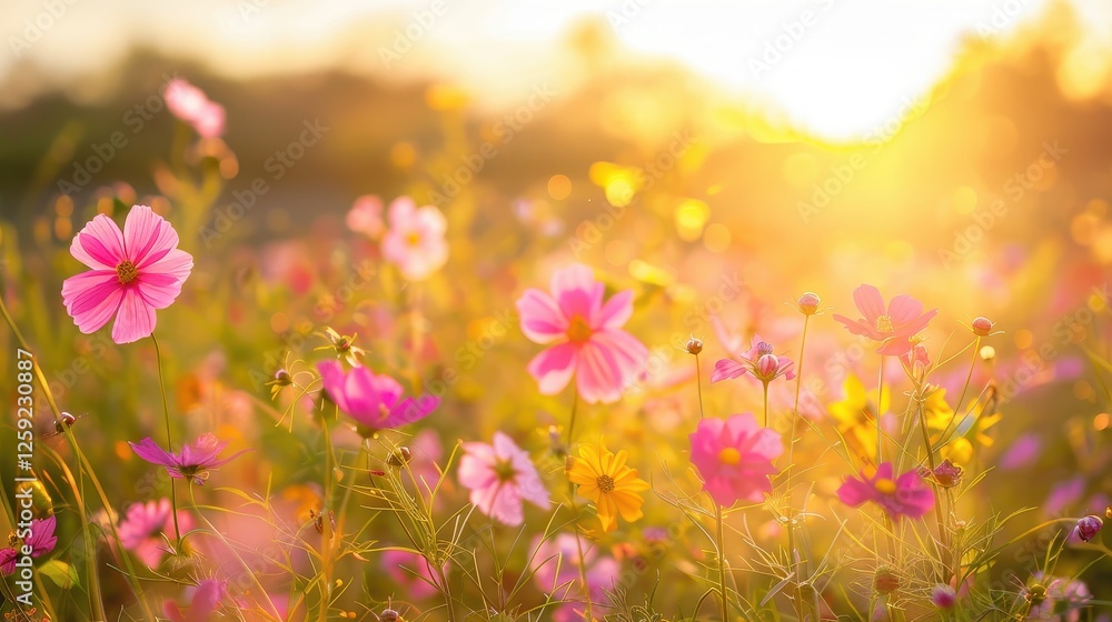 Bright Dawn Over a Blooming Field of Pink and Yellow Flowers Bright Dawn Over a Blooming Field of Pink and Yellow Flowers