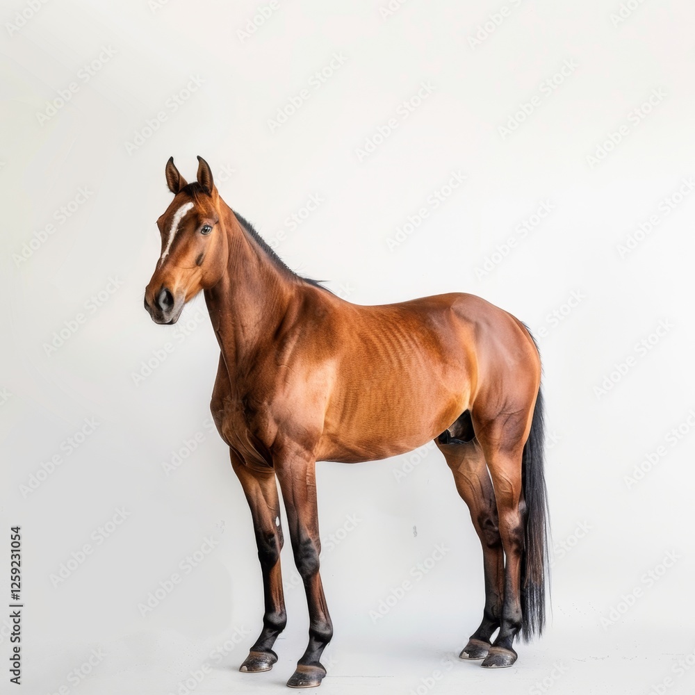 Brown horse posed gracefully against a clean white backdrop Brown horse posed gracefully against a clean white backdrop