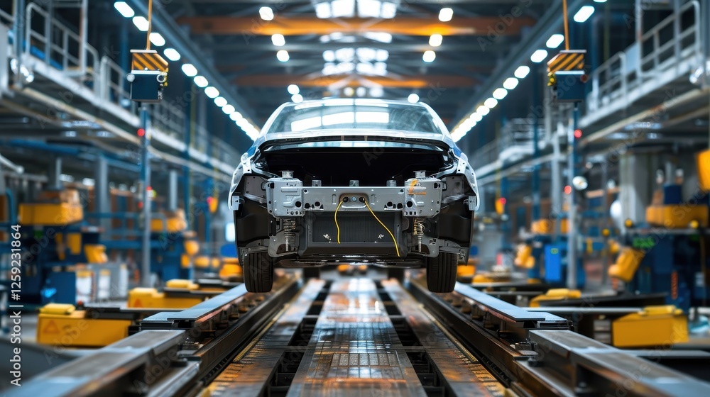 Obraz premium Car assembly process on a production line in a factory setting