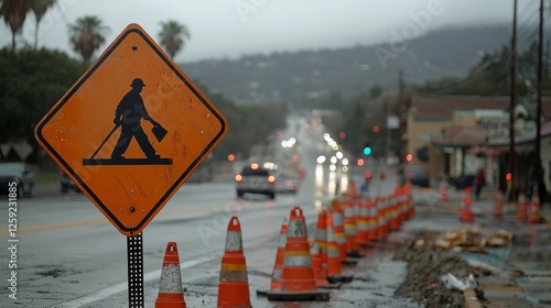 bright orange diamond shaped road work sign stands prominently as workers prepare for construction alongside street cluttered cones and barriers. Overcast skies enhance urban atmosphere.