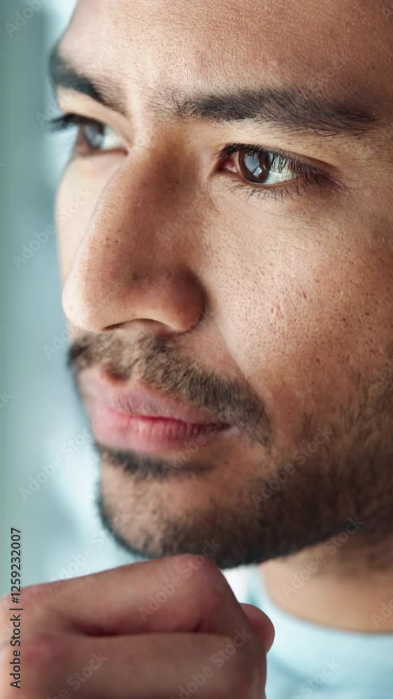 Window, thinking and man with stress, nervous and panic attack with breakdown. Person, burnout and guy with crisis, mistake, mental health and anxiety with solution, decision and fail with choice Window, thinking and man with stress, nervous and panic attack with breakdown. Person, burnout and guy with crisis, mistake, mental health and anxiety with solution, decision and fail with choice