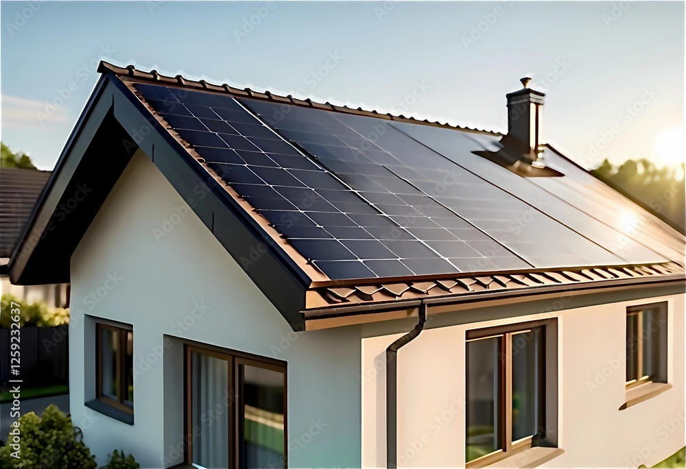 A modern house with solar panels installed on the roof, utilizing renewable energy for sustainable living. The clear blue sky highlights the eco-friendly technology, Generative AI A modern house with solar panels installed on the roof, utilizing renewable energy for sustainable living. The clear blue sky highlights the eco-friendly technology, Generative AI