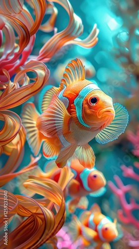 Close-up of vibrant orange clownfish swimming near red coral reef photo