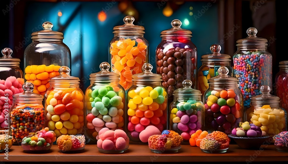 Beautifully arranged candy jars filled with vibrant sweets, perfect for a festive setting Beautifully arranged candy jars filled with vibrant sweets, perfect for a festive setting