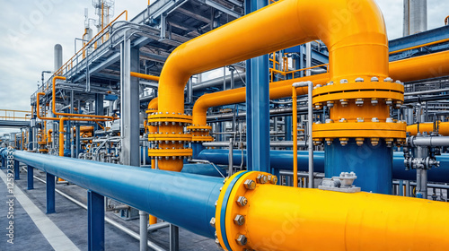 Industrial heating district pipeline system with yellow and blue insulated pipes in a modern energy facility showcasing urban heat distribution photo