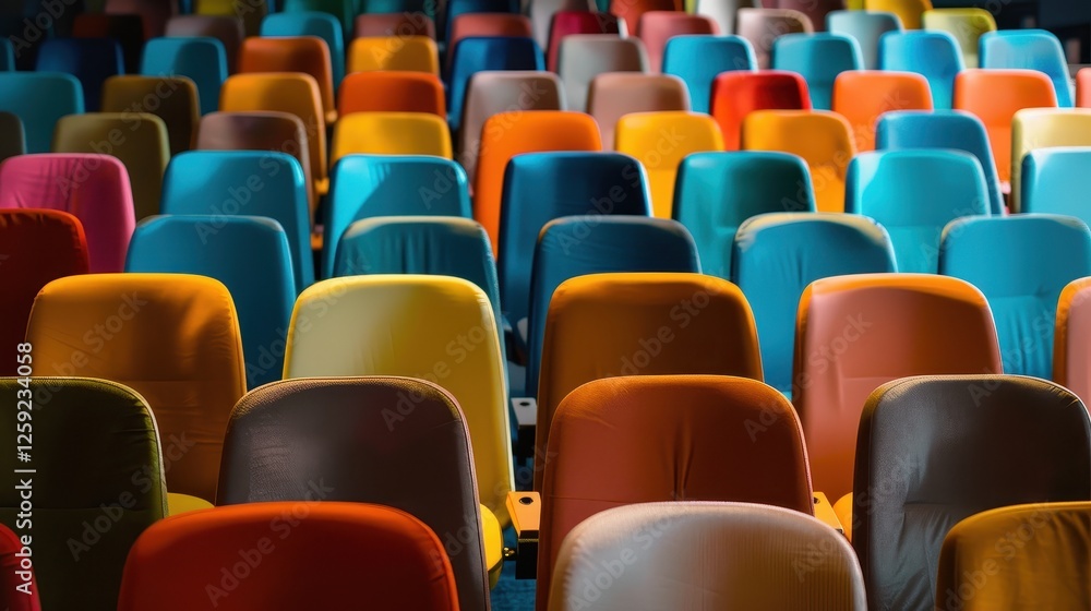 Colorful Empty Chairs Awaiting Guests in a Cozy Cinema Setting Colorful Empty Chairs Awaiting Guests in a Cozy Cinema Setting