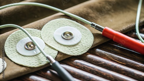 Closeup of electrodes designed for neurostimulation showcasing their delicate construction and flexible dial feature that allows adjustment for optimal contact with the scalp. photo