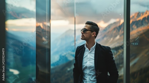 Confident businessman in glass elevator with mountain view photo