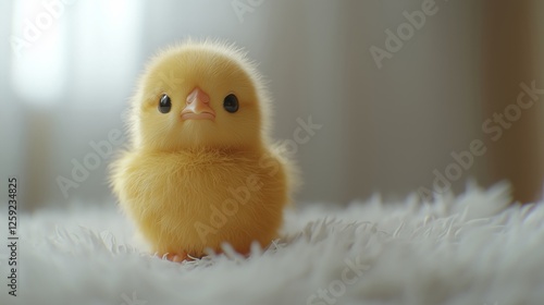 Adorable Yellow Chick Sitting on Soft Surface in Cozy Setting