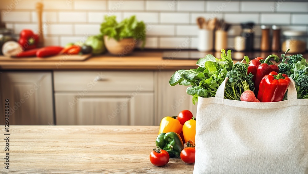 Fresh Vegetables in Reusable Bag: Kitchen Countertop Display of Healthy Produce, Promoting Sustainable Lifestyle Choices. Fresh Vegetables in Reusable Bag: Kitchen Countertop Display of Healthy Produce, Promoting Sustainable Lifestyle Choices.