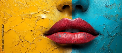 Close-up of a woman's face with vibrant yellow and blue paint, highlighting artistic expression photo