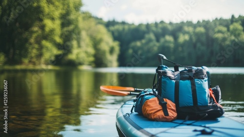 Fototapeta Naklejka Na Ścianę i Meble -  Paddleboarding gear: board, paddle, life jacket on calm lake with still waters and surrounding nature backdrop. Emphasizing paddleboarding preparation and calm environment.