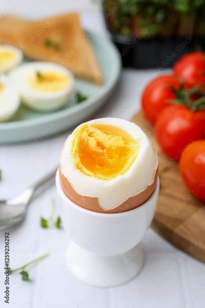 Soft boiled egg on white tiled table, closeup Soft boiled egg on white tiled table, closeup