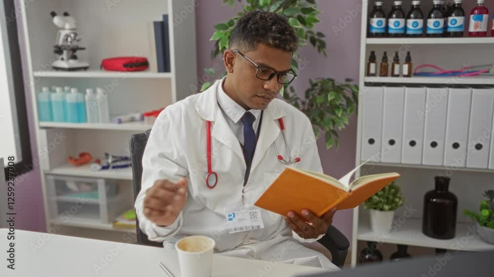 Hispanic male doctor reading a book in a hospital room with medical equipment, showcasing a professional indoor setting. Hispanic male doctor reading a book in a hospital room with medical equipment, showcasing a professional indoor setting.