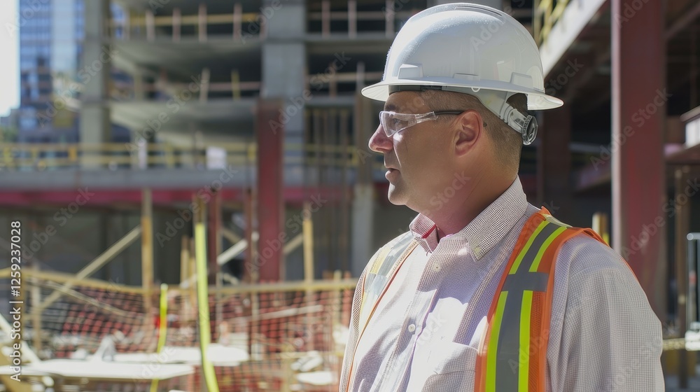 Engineer in hard hat focused on construction site activities Engineer in hard hat focused on construction site activities