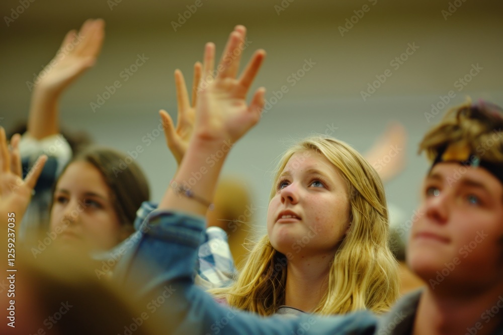 Enthusiastic students actively participating in classroom discussion with raised hands Enthusiastic students actively participating in classroom discussion with raised hands