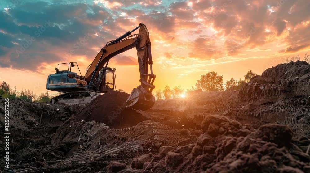 Excavator unloading soil at a busy construction site. Excavator unloading soil at a busy construction site.