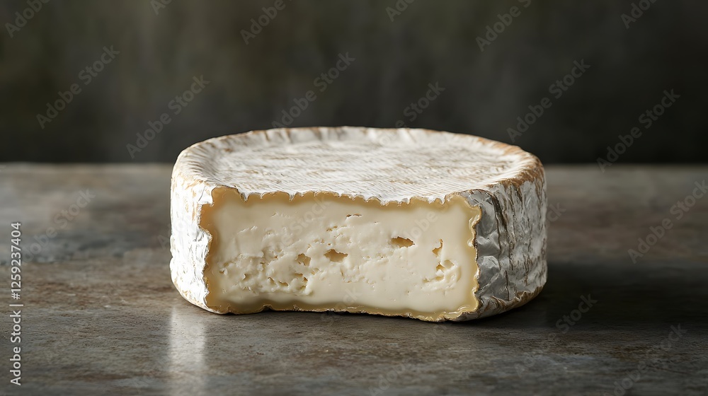 Partially Cut Wheel of Soft Cheese on Gray Surface Partially Cut Wheel of Soft Cheese on Gray Surface