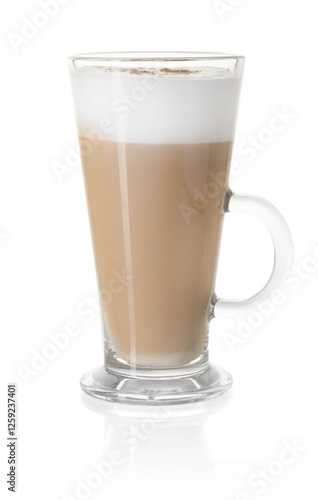 Tasty latte macchiato in glass cup isolated on white
