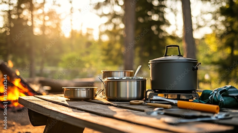 Camping cooking gear: portable stove, pots, utensils on picnic table with forest and campfire backdrop. Emphasizing outdoor cooking and natural setting. Camping cooking gear: portable stove, pots, utensils on picnic table with forest and campfire backdrop. Emphasizing outdoor cooking and natural setting.