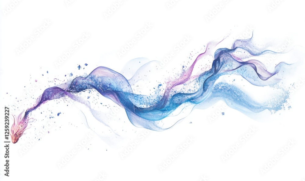 Abstract flowing paint, blue purple hues, white background, design element