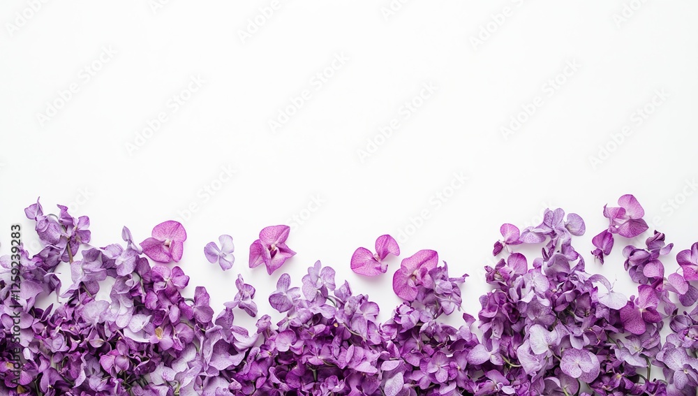 Purple Orchids and Flowers Create Stunning Border, Beautiful Floral Arrangement on White Background Purple Orchids and Flowers Create Stunning Border, Beautiful Floral Arrangement on White Background
