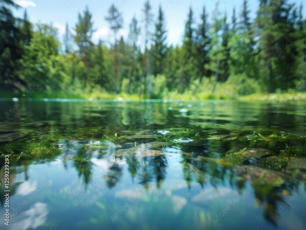 Forest lake reflecting trees under bright clear skies Forest lake reflecting trees under bright clear skies