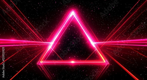 Neon triangle graphic design with laser beams, starry background photo