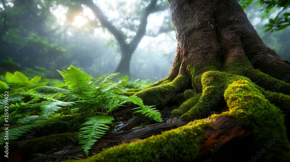 Majestic Lush Green Forest Scene Featuring Mossy Roots Tranquil Nature Forest Floor Perspective Serene Environment Majestic Lush Green Forest Scene Featuring Mossy Roots Tranquil Nature Forest Floor Perspective Serene Environment