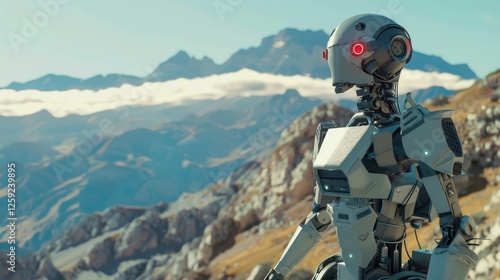 Futuristic robot with a red eye in stunning mountain landscape photo