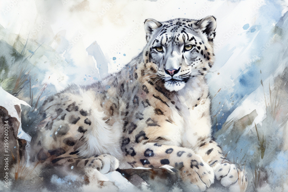 Snow Leopard., watercolor painting , Generative AI Snow Leopard., watercolor painting , Generative AI