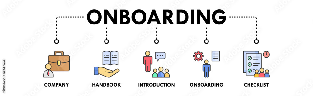Onboarding banner web icon vector illustration concept with icons of company, handbook, introduction, onboarding, and checklist Onboarding banner web icon vector illustration concept with icons of company, handbook, introduction, onboarding, and checklist