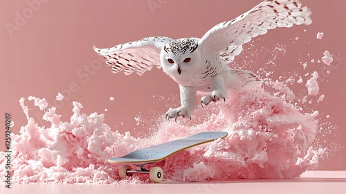 Majestic white owl skateboarding on pink fluffy clouds in a whimsical and vibrant setting