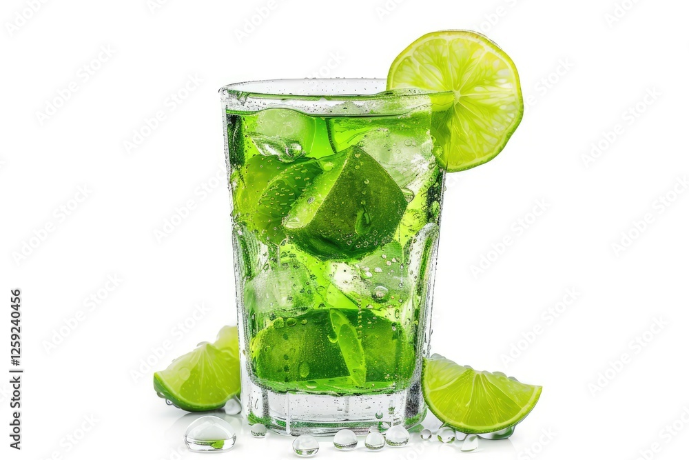 Refreshing Lime Drink: A tall glass filled with a vibrant green lime drink, complete with ice cubes and fresh lime slices. The condensation on the glass adds to its refreshing appeal. Refreshing Lime Drink: A tall glass filled with a vibrant green lime drink, complete with ice cubes and fresh lime slices. The condensation on the glass adds to its refreshing appeal.