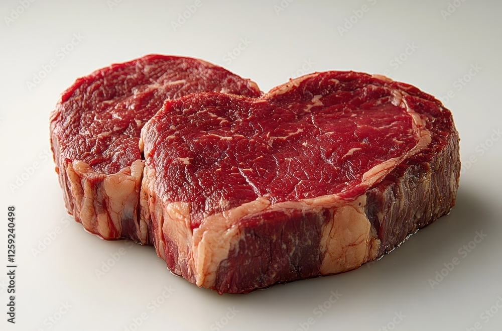 Two heart-shaped cuts of raw beef sit against a neutral background, highlighting their unique shape ideal for special dinners and celebrations. They are rich in color with marbled fat Two heart-shaped cuts of raw beef sit against a neutral background, highlighting their unique shape ideal for special dinners and celebrations. They are rich in color with marbled fat