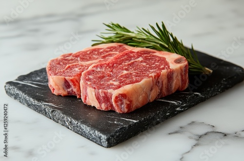 Two thick cuts of marbled beef are elegantly placed on a dark slate board. A sprig of fresh rosemary adds a touch of greenery, enhancing the presentation for culinary enthusiasts photo