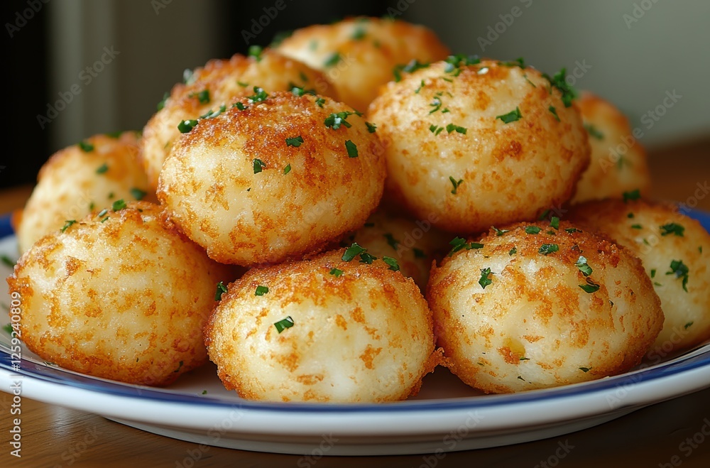 Fototapeta premium A tempting stack of golden-brown potato balls, crispy on the outside and soft on the inside, garnished with fresh herbs, perfect for snacking or serving at gatherings