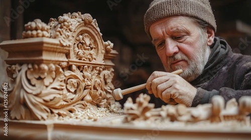In dimly lit workshop master woodcarver meticulously shapes ornate wooden relief using traditional chisel and mallet. space is scattered wood shavings and unfinished sculptures.