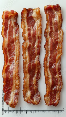 Three long, crispy strips of bacon are displayed on a clean white surface, showcasing their golden brown color and rich texture. Measurement markings indicate size photo