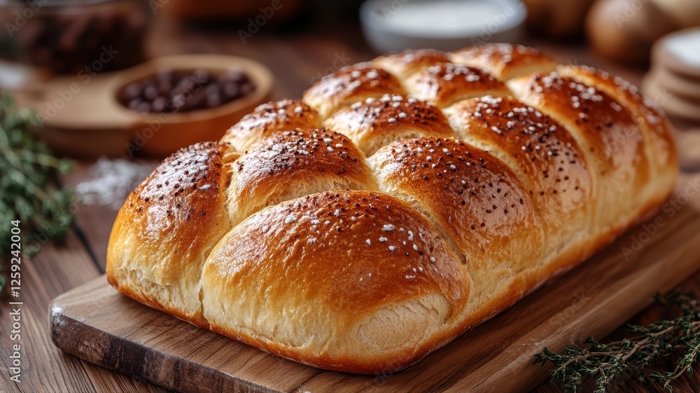 A beautifully golden-brown bread loaf rests on a wooden cutting board. Surrounding it are herbs and ingredients, highlighting a cozy kitchen atmosphere with a hint of culinary creativity A beautifully golden-brown bread loaf rests on a wooden cutting board. Surrounding it are herbs and ingredients, highlighting a cozy kitchen atmosphere with a hint of culinary creativity
