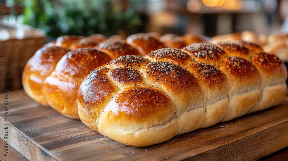 Golden brown bread loaves are arranged neatly on a wooden surface. The loaves are topped with sesame seeds and are freshly baked, inviting customers to enjoy Golden brown bread loaves are arranged neatly on a wooden surface. The loaves are topped with sesame seeds and are freshly baked, inviting customers to enjoy